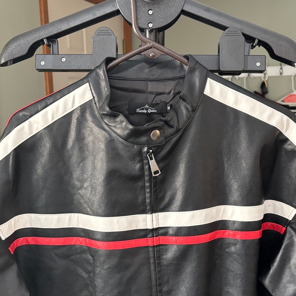 Women’s Black Leather Jacket with Red and White Stripes